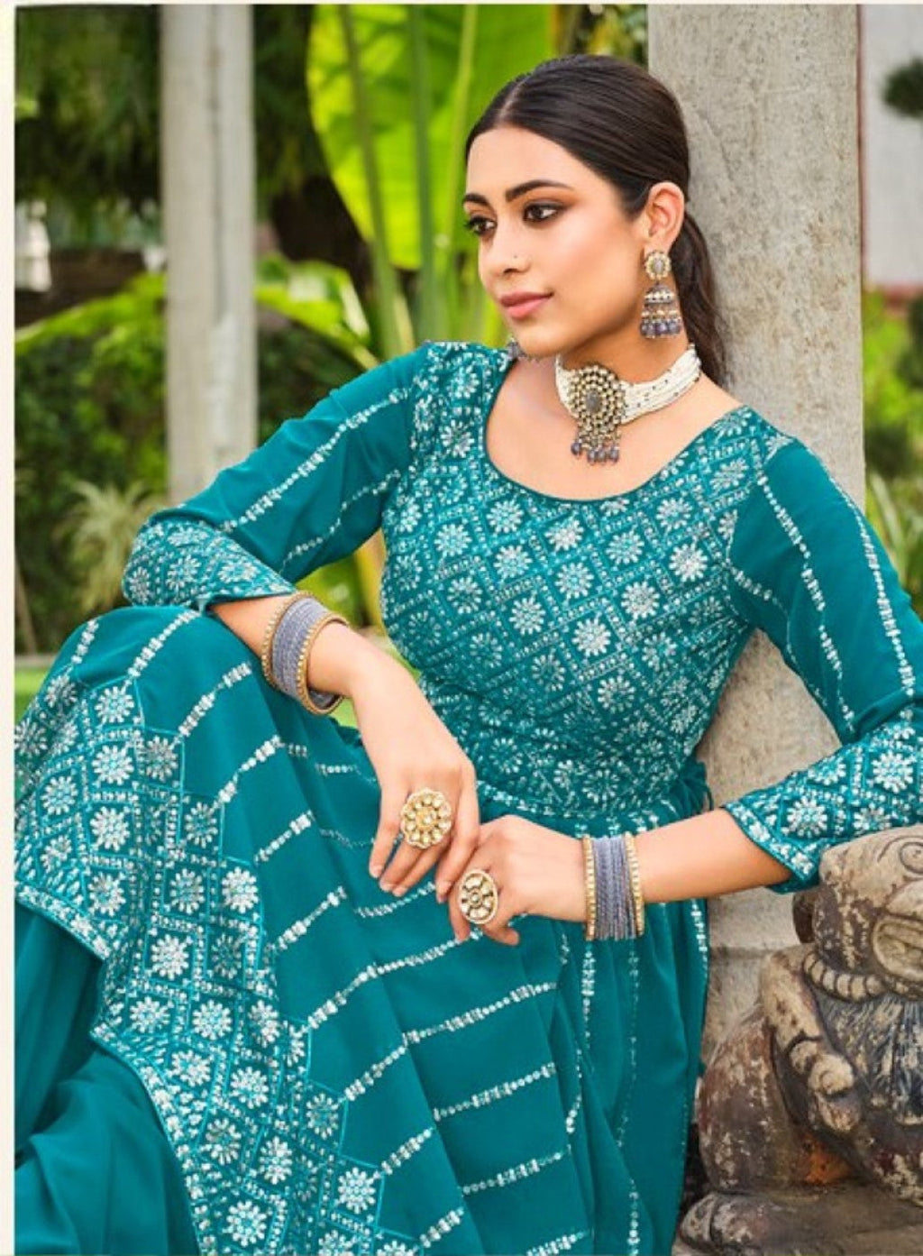 Anaita Blue Faux Georgette Plazzo Suit With Embroidery & Sequins Work | Grocsy