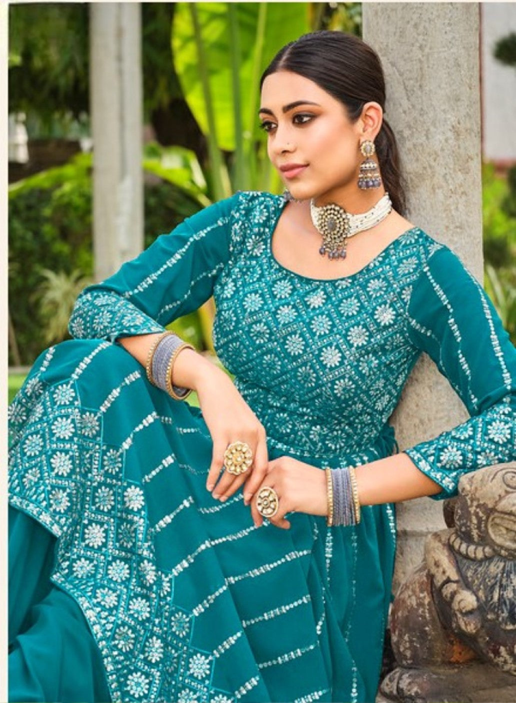 Anaita Blue Faux Georgette Plazzo Suit With Embroidery & Sequins Work | Grocsy