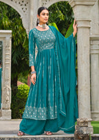 Anaita Blue Faux Georgette Plazzo Suit With Embroidery & Sequins Work | Grocsy