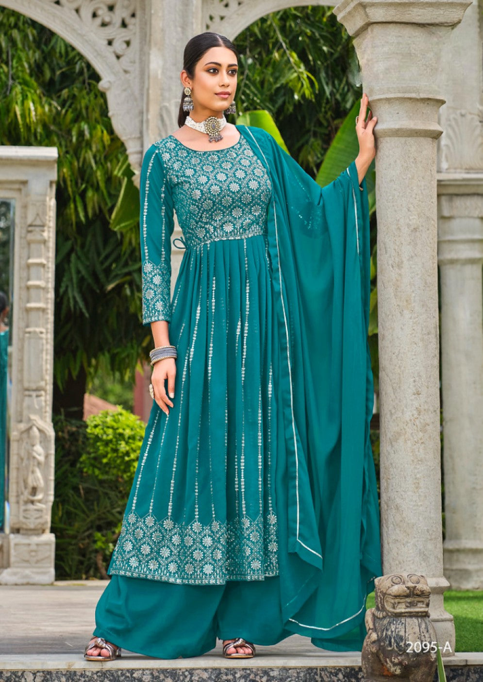 Anaita Blue Faux Georgette Plazzo Suit With Embroidery & Sequins Work | Grocsy