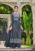 Anaita Grey Faux Georgette Plazzo Suit With Embroidery & Sequins Work | Grocsy