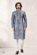 Raivat Ethnic Jacquard Banarasi Silk Digital Print Kurta Pajama In Dark Grey Colour | Grocsy