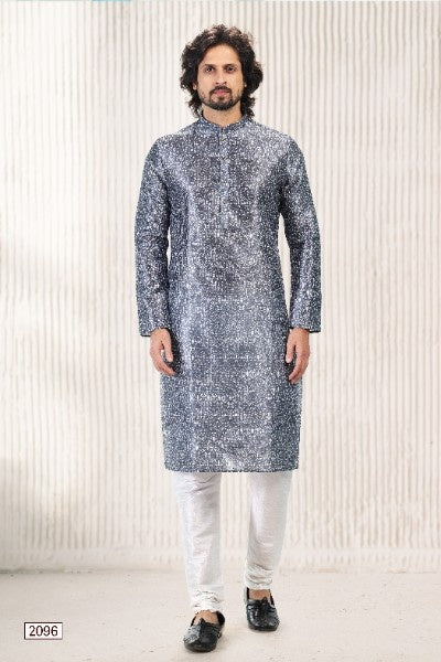 Raivat Ethnic Jacquard Banarasi Silk Digital Print Kurta Pajama In Dark Grey Colour | Grocsy