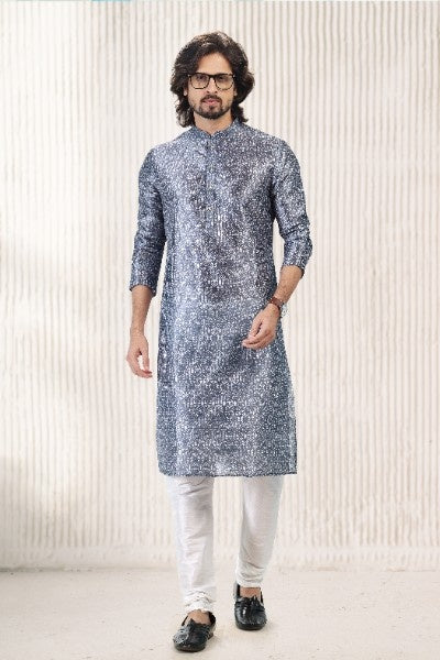 Raivat Ethnic Jacquard Banarasi Silk Digital Print Kurta Pajama In Dark Grey Colour | Grocsy