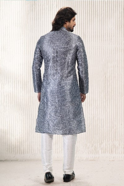 Raivat Ethnic Jacquard Banarasi Silk Digital Print Kurta Pajama In Dark Grey Colour | Grocsy
