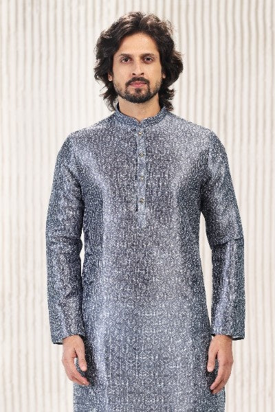 Raivat Ethnic Jacquard Banarasi Silk Digital Print Kurta Pajama In Dark Grey Colour | Grocsy