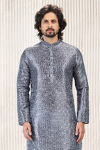 Raivat Ethnic Jacquard Banarasi Silk Digital Print Kurta Pajama In Dark Grey Colour | Grocsy