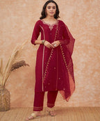 Sangria Maroon Floral Embroidered Straight Kurta With Trousers & Dupatta | Grocsy
