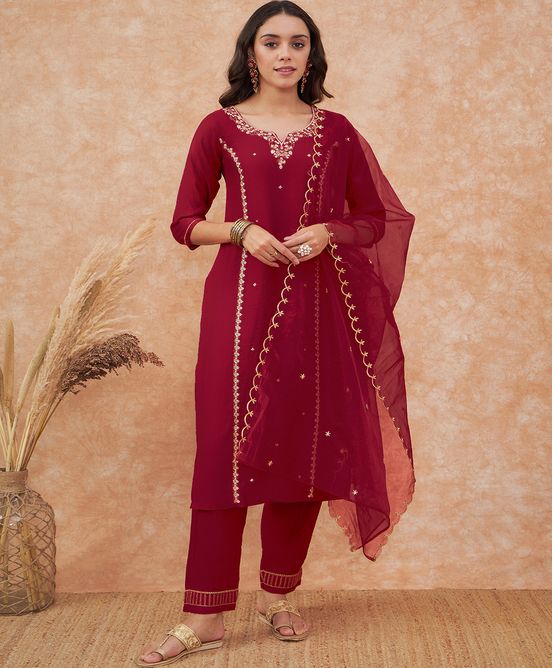Sangria Maroon Floral Embroidered Straight Kurta With Trousers & Dupatta | Grocsy