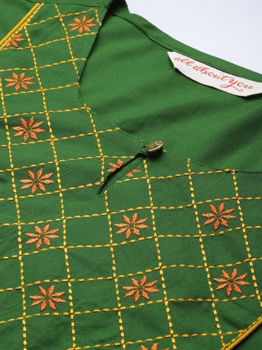 All About You Women Green Ethnic Motifs Yoke Design Keyhole Neck Straight Kurta | Grocsy