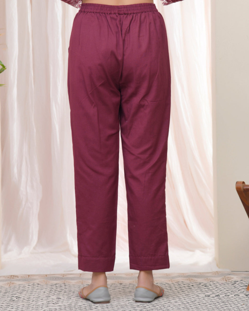 Vaasva Women Magenta Cotton Flax Solid Straight Pants | Grocsy