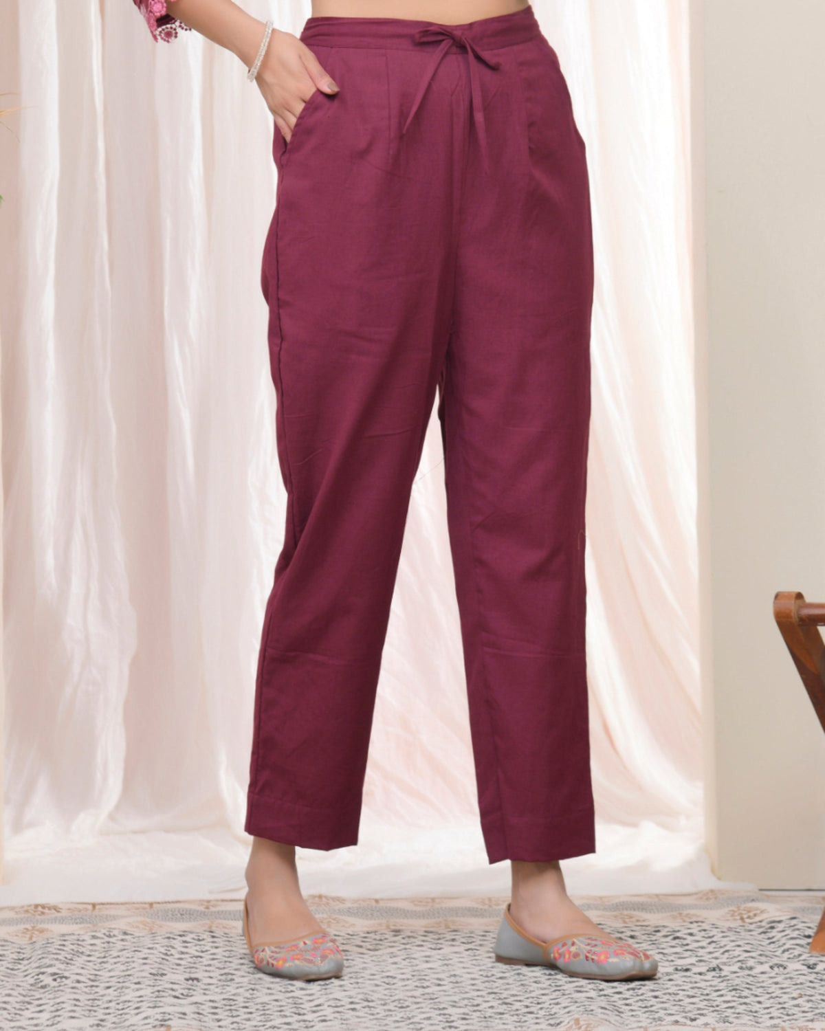 Vaasva Women Magenta Cotton Flax Solid Straight Pants | Grocsy