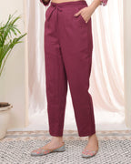 Vaasva Women Magenta Cotton Flax Solid Straight Pants | Grocsy