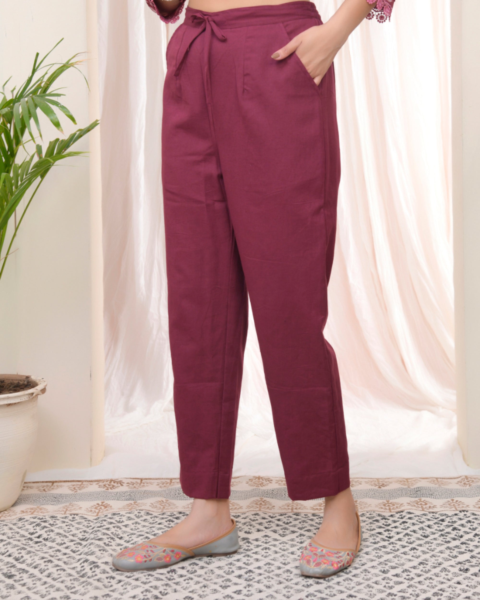 Vaasva Women Magenta Cotton Flax Solid Straight Pants | Grocsy