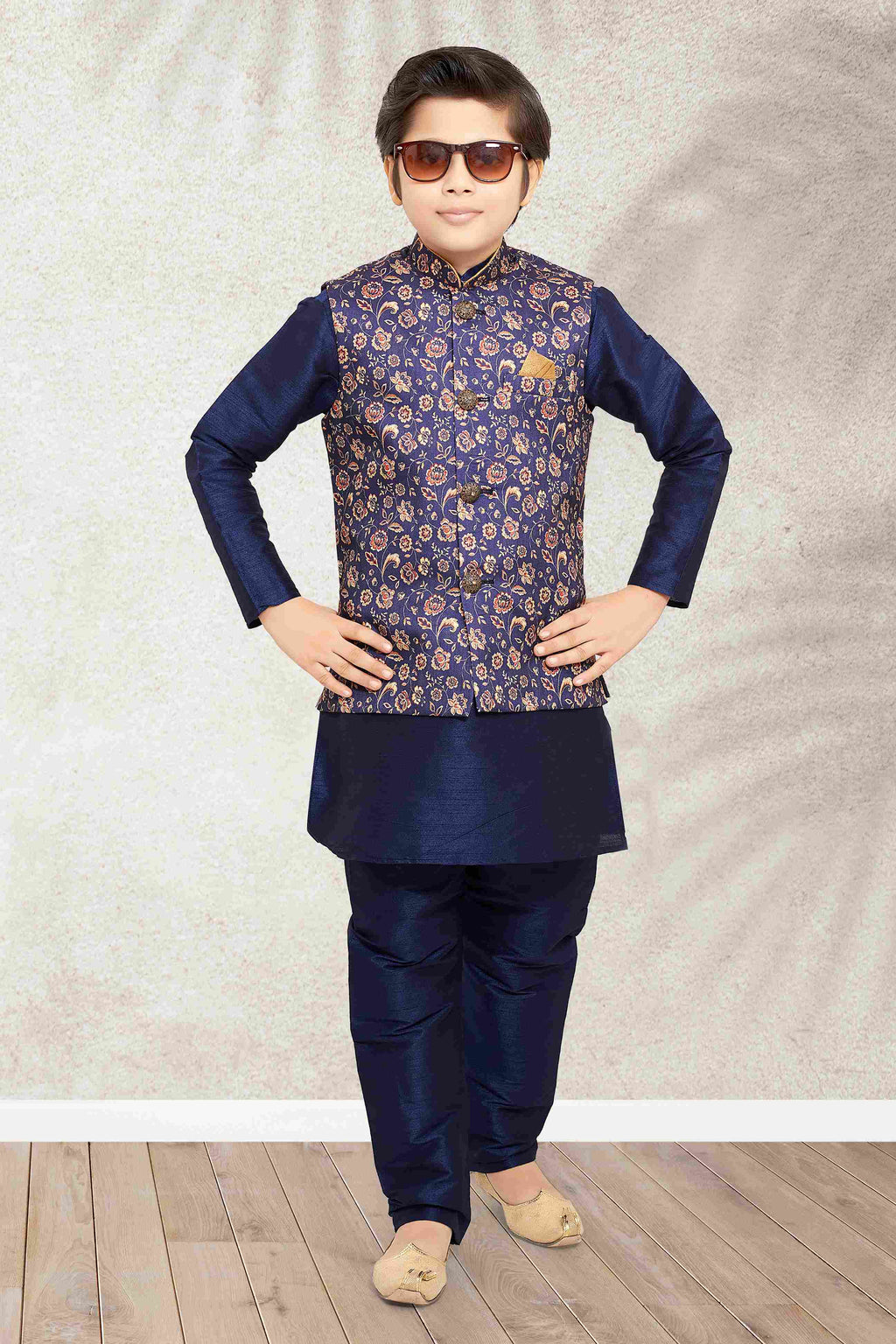 Raivat Ethnic Banarasi Silk Digital Printed Kurta Pajama With Jacket In Blue Colour | Grocsy