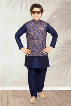 Raivat Ethnic Banarasi Silk Digital Printed Kurta Pajama With Jacket In Blue Colour | Grocsy