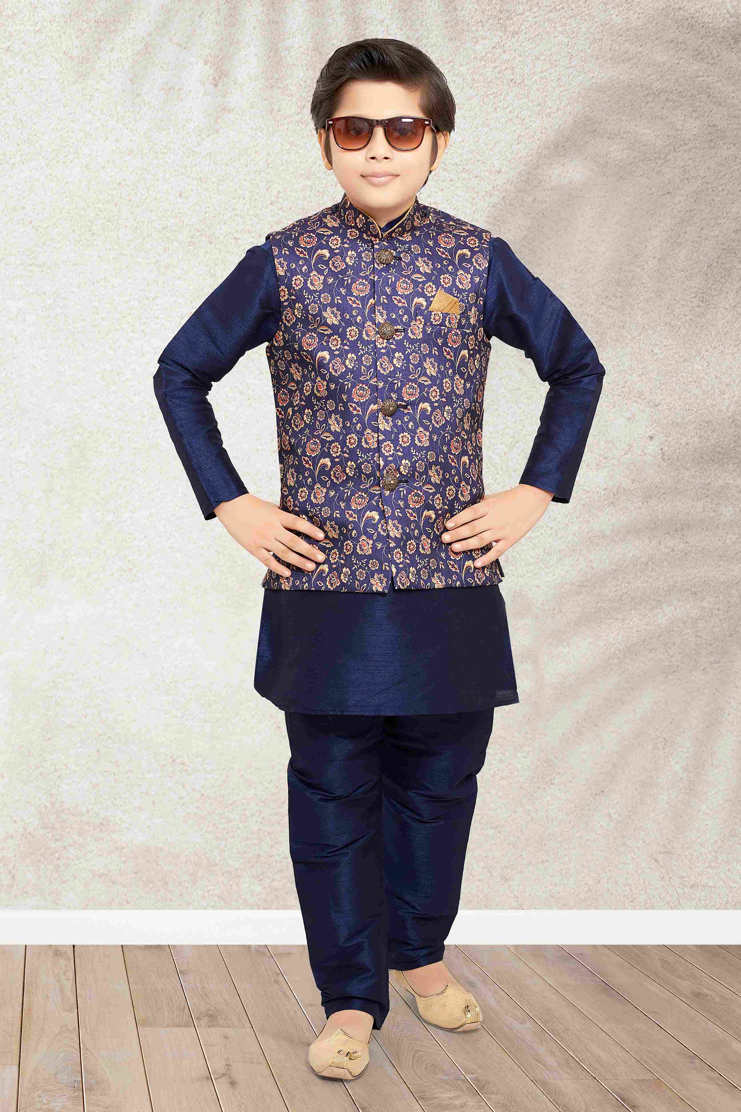 Raivat Ethnic Banarasi Silk Digital Printed Kurta Pajama With Jacket In Blue Colour | Grocsy