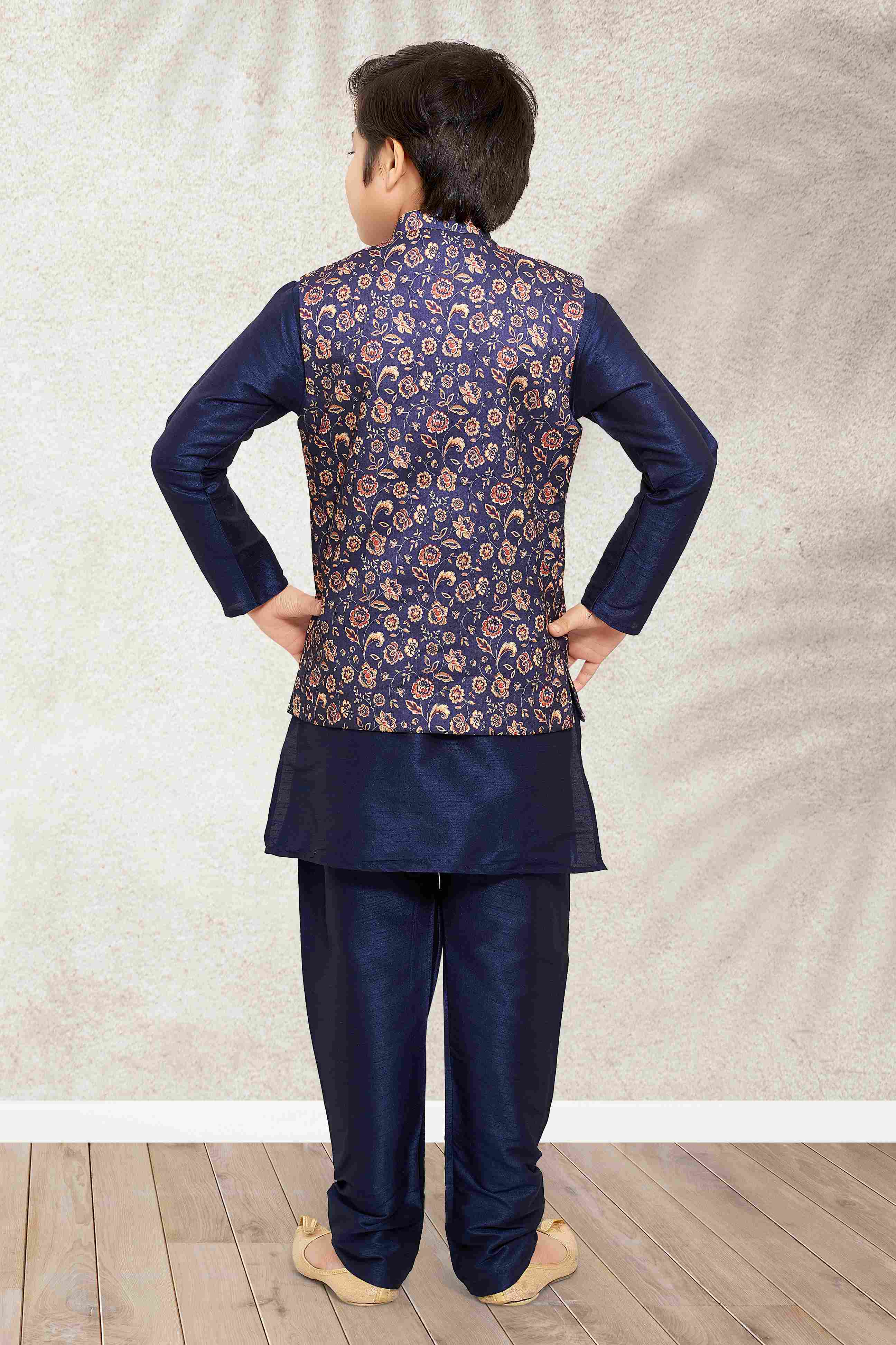 Raivat Ethnic Banarasi Silk Digital Printed Kurta Pajama With Jacket In Blue Colour | Grocsy