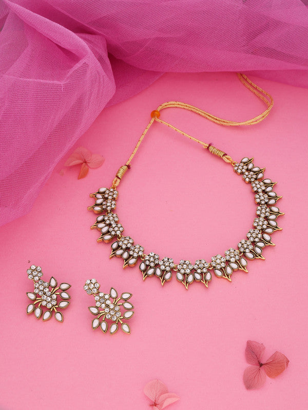 Tehzeeb Creations White Colour Gold Pleated Stone Studded Necklace With Earrings | Grocsy