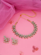 Tehzeeb Creations White Colour Gold Pleated Stone Studded Necklace With Earrings | Grocsy