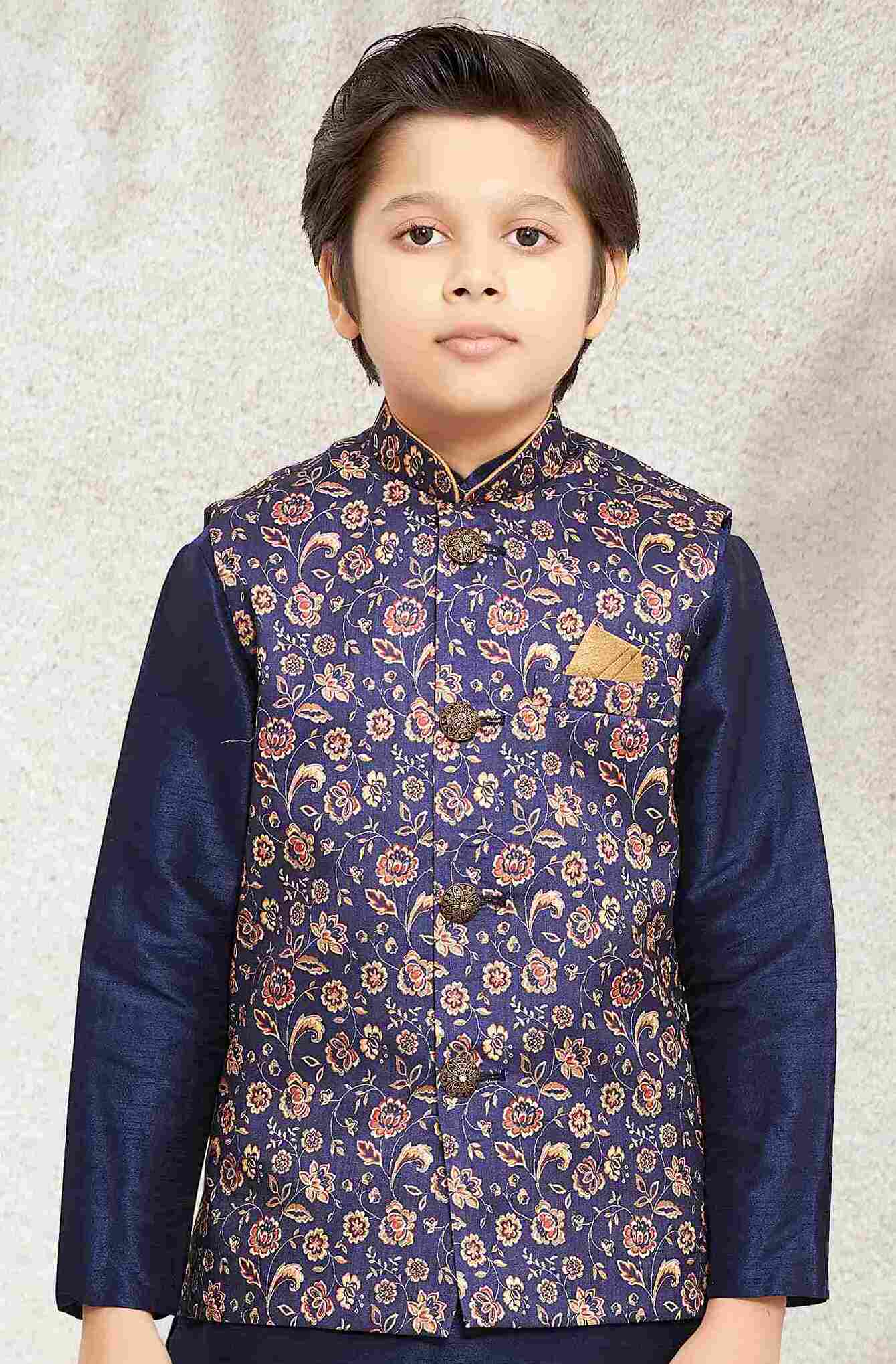 Raivat Ethnic Banarasi Silk Digital Printed Kurta Pajama With Jacket In Blue Colour | Grocsy