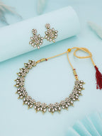 Tehzeeb Creations White Colour Gold Pleated Stone Studded Necklace With Earrings | Grocsy