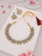 Tehzeeb Creations White Colour Gold Pleated Stone Studded Necklace With Earrings | Grocsy