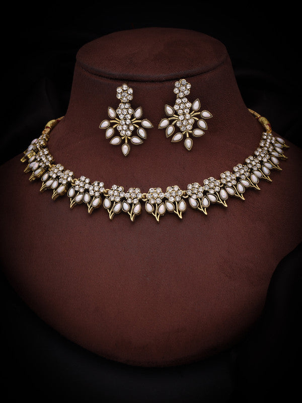 Tehzeeb Creations White Colour Gold Pleated Stone Studded Necklace With Earrings | Grocsy