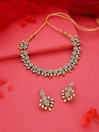 Tehzeeb Creations White Colour Gold Pleated Stone Studded Necklace With Earrings | Grocsy