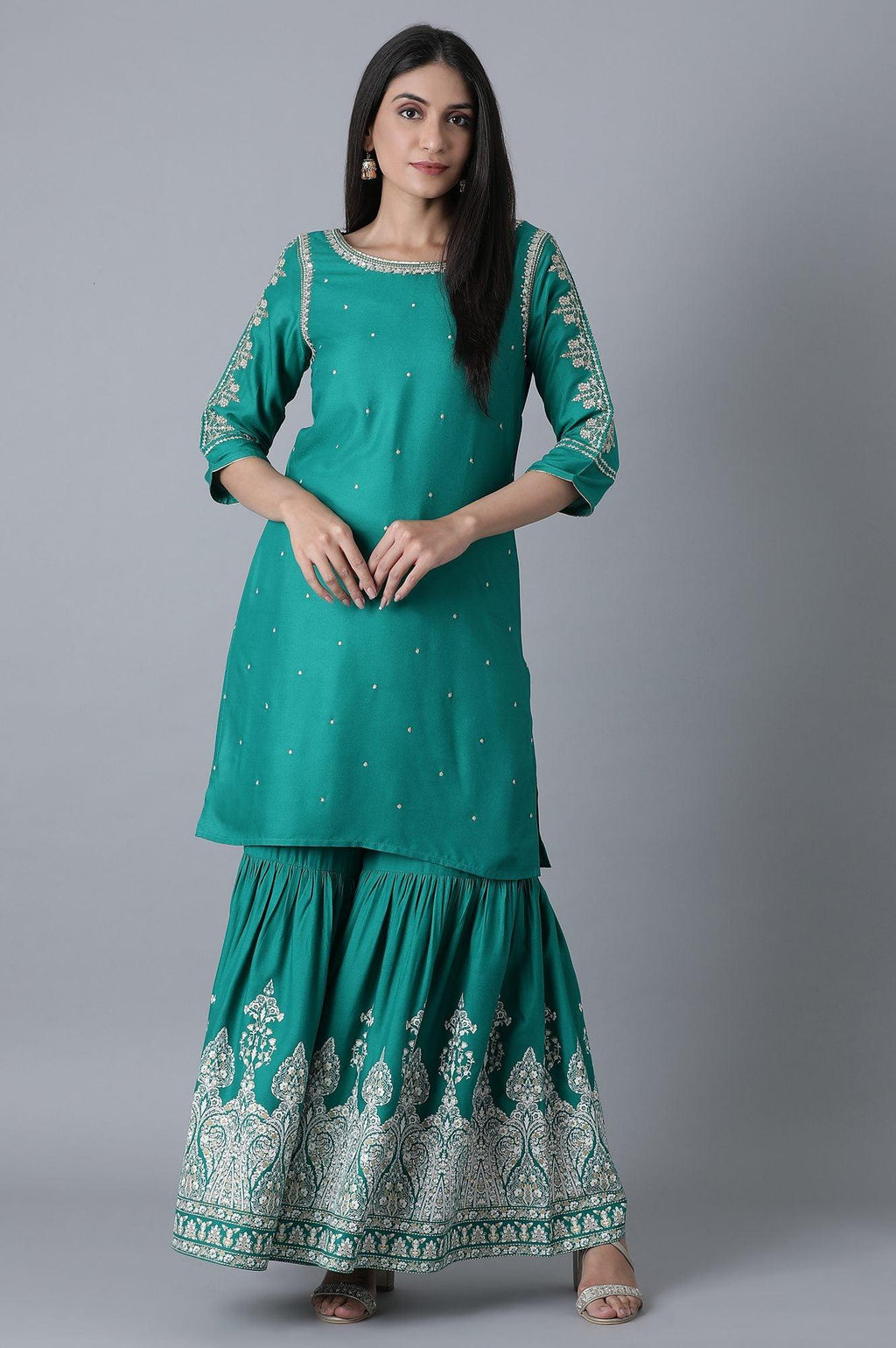 W for Woman Signature Green Embroidered kurta-Printed Sharara Set | Grocsy