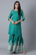 W for Woman Signature Green Embroidered kurta-Printed Sharara Set | Grocsy