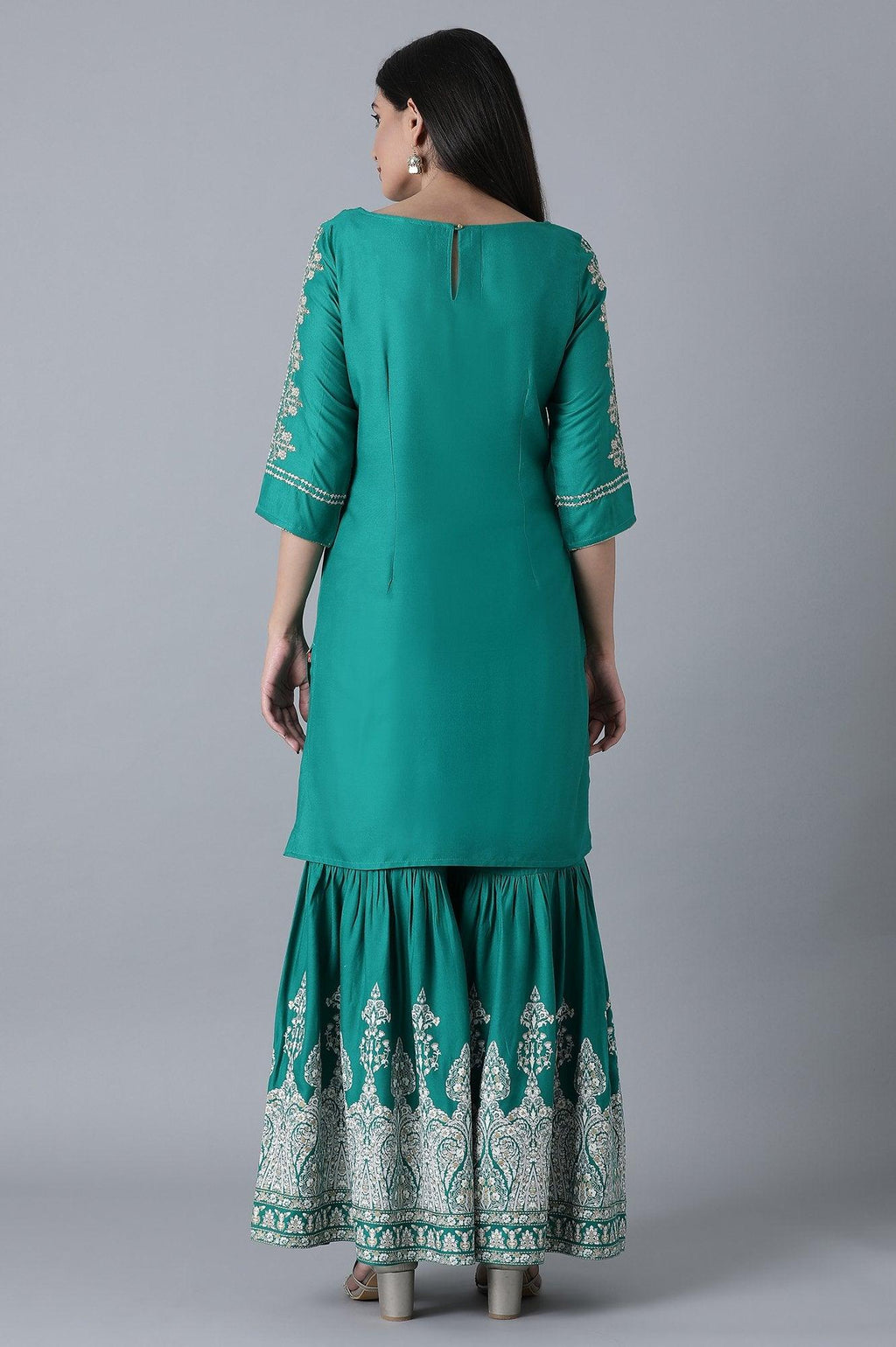 W for Woman Signature Green Embroidered kurta-Printed Sharara Set | Grocsy