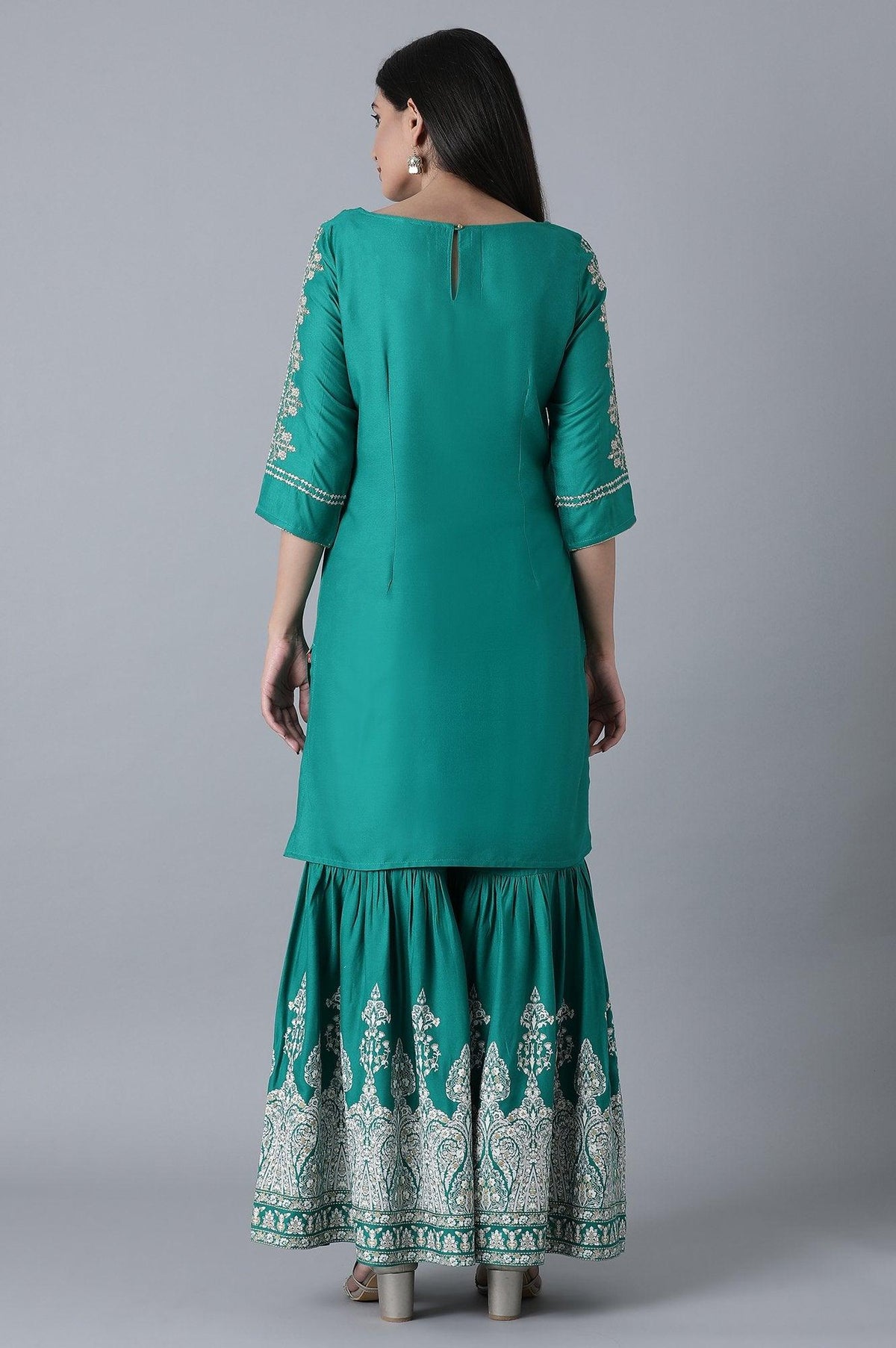 W for Woman Signature Green Embroidered kurta-Printed Sharara Set | Grocsy