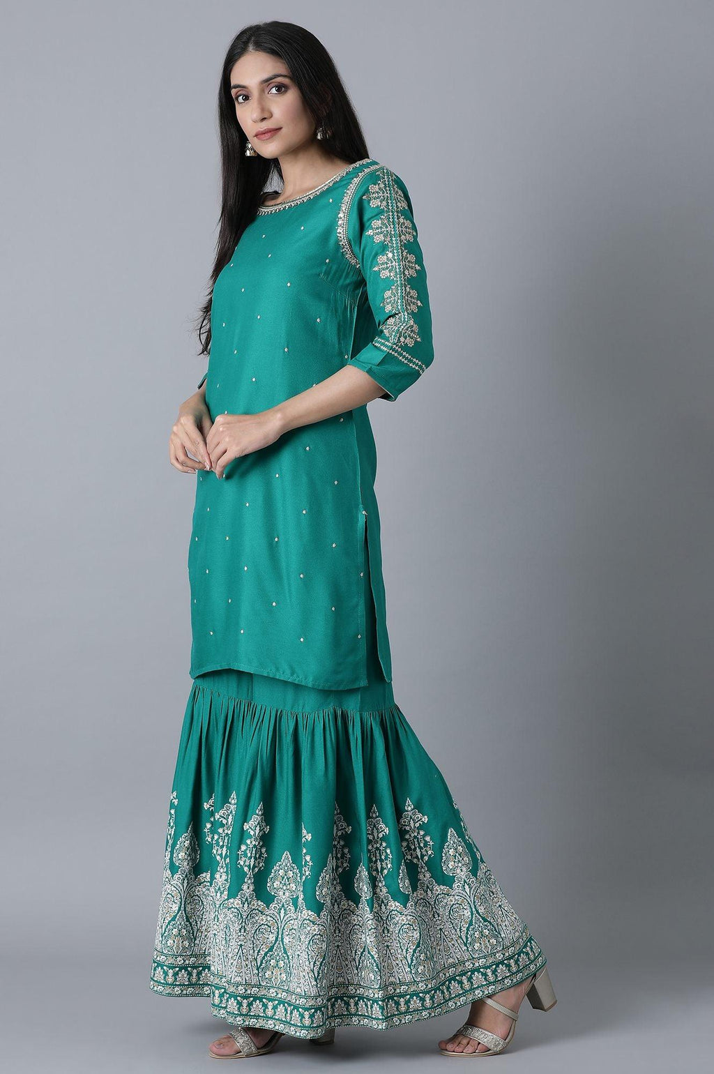 W for Woman Signature Green Embroidered kurta-Printed Sharara Set | Grocsy