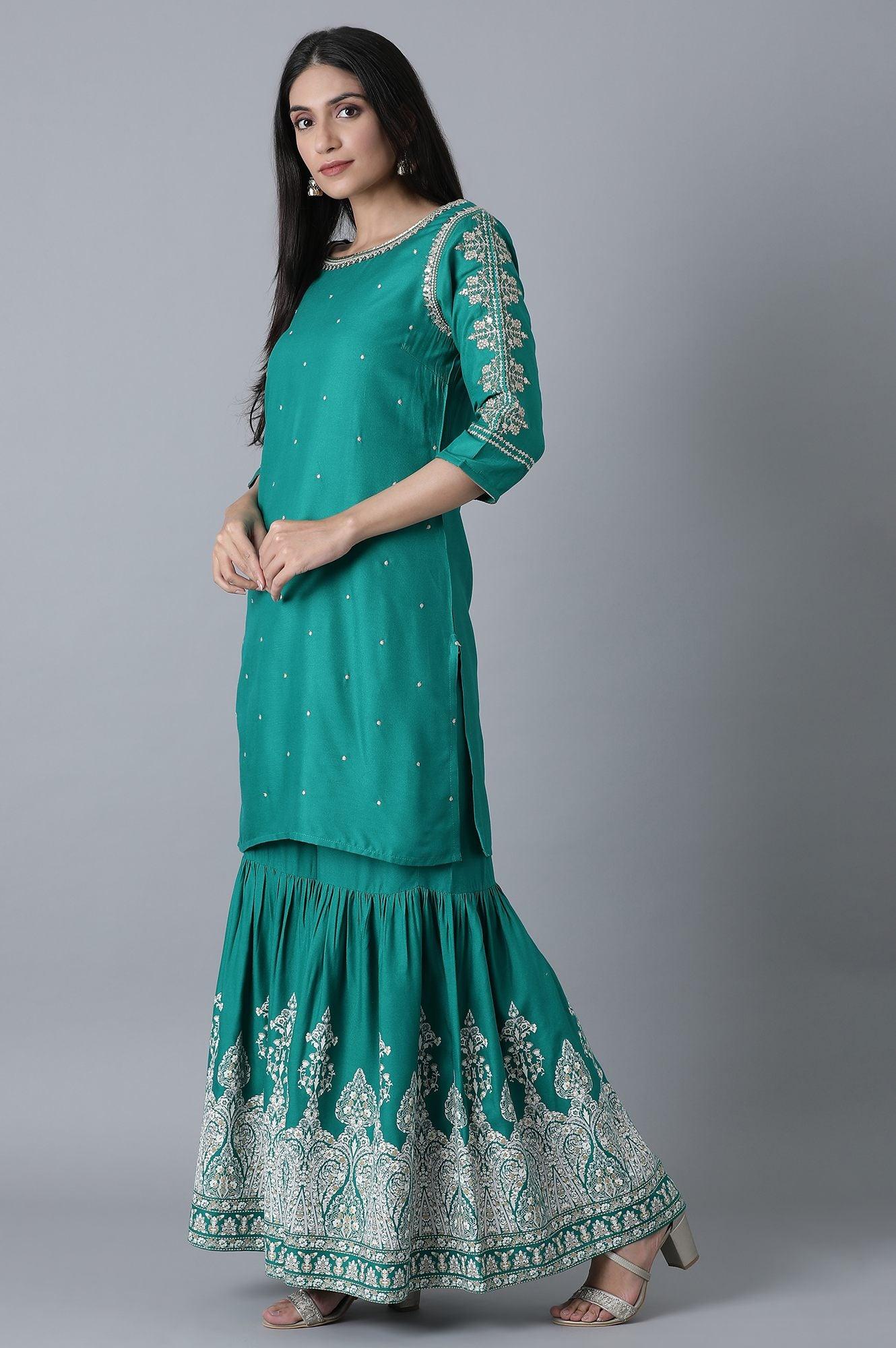 W for Woman Signature Green Embroidered kurta-Printed Sharara Set | Grocsy