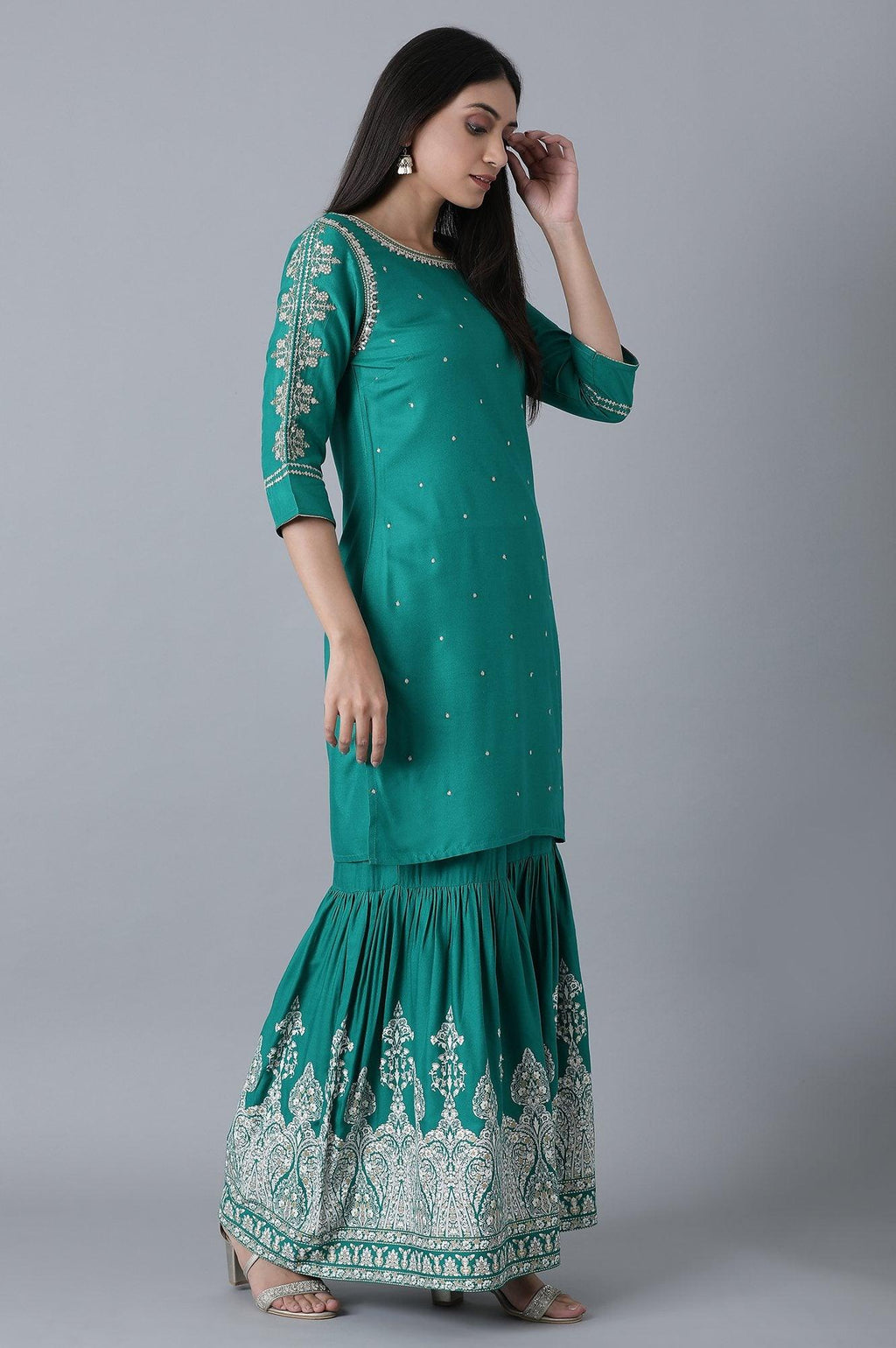 W for Woman Signature Green Embroidered kurta-Printed Sharara Set | Grocsy