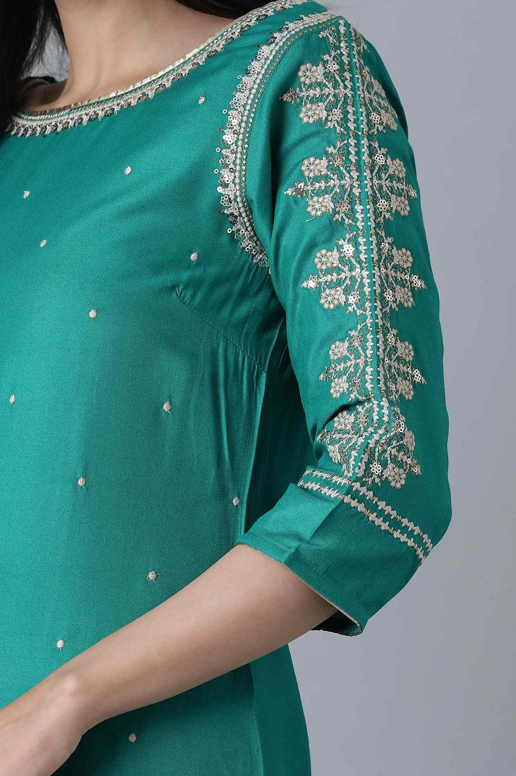 W for Woman Signature Green Embroidered kurta-Printed Sharara Set | Grocsy