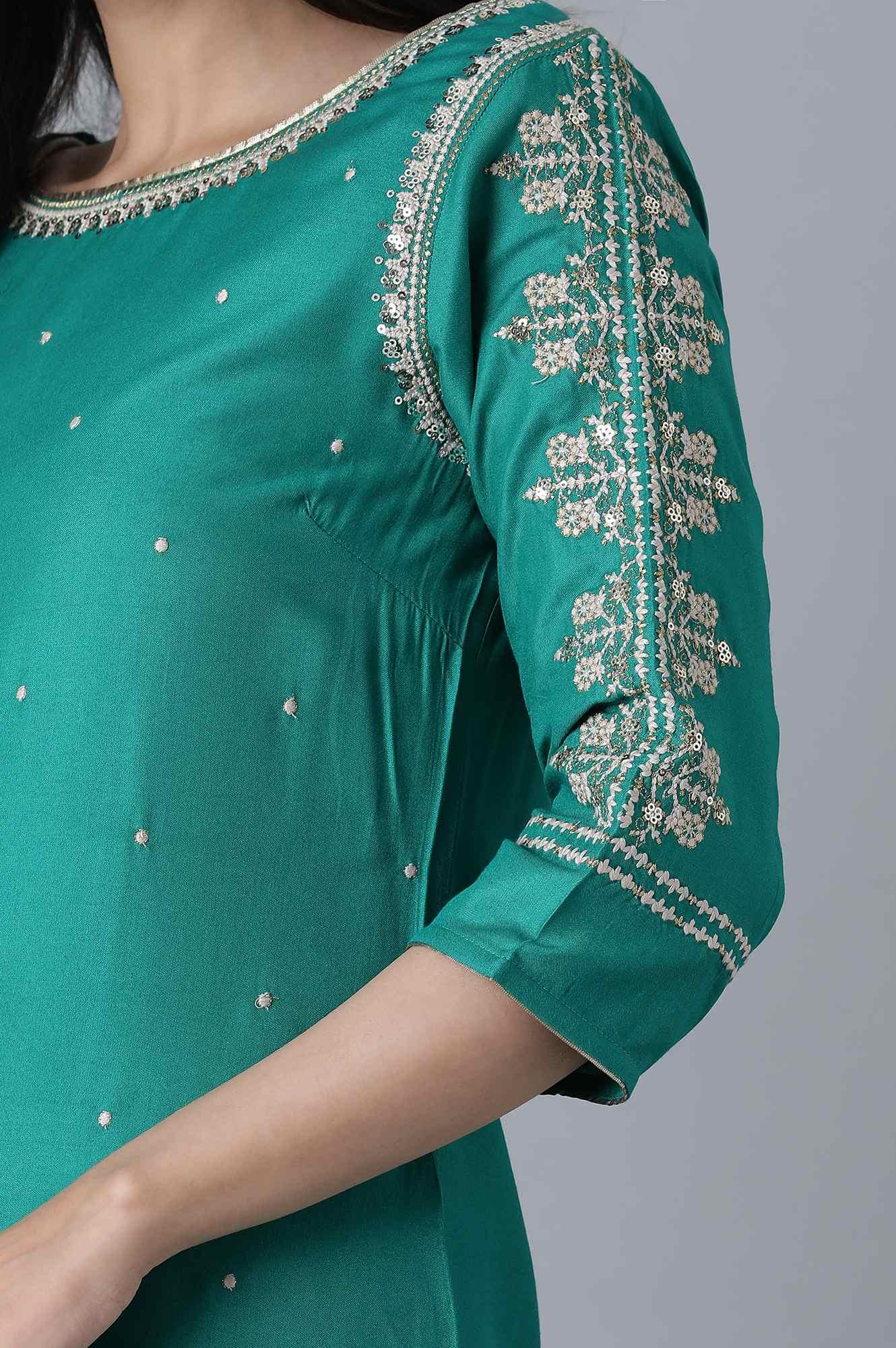 W for Woman Signature Green Embroidered kurta-Printed Sharara Set | Grocsy