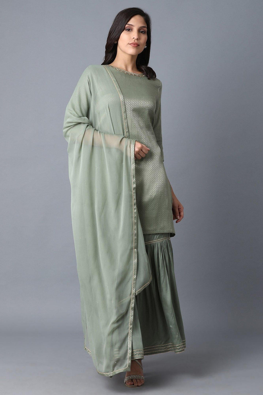 W for Woman Signature Green kurta-Sharara-Dupatta Set | Grocsy