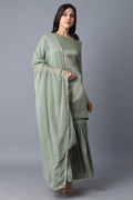 W for Woman Signature Green kurta-Sharara-Dupatta Set | Grocsy