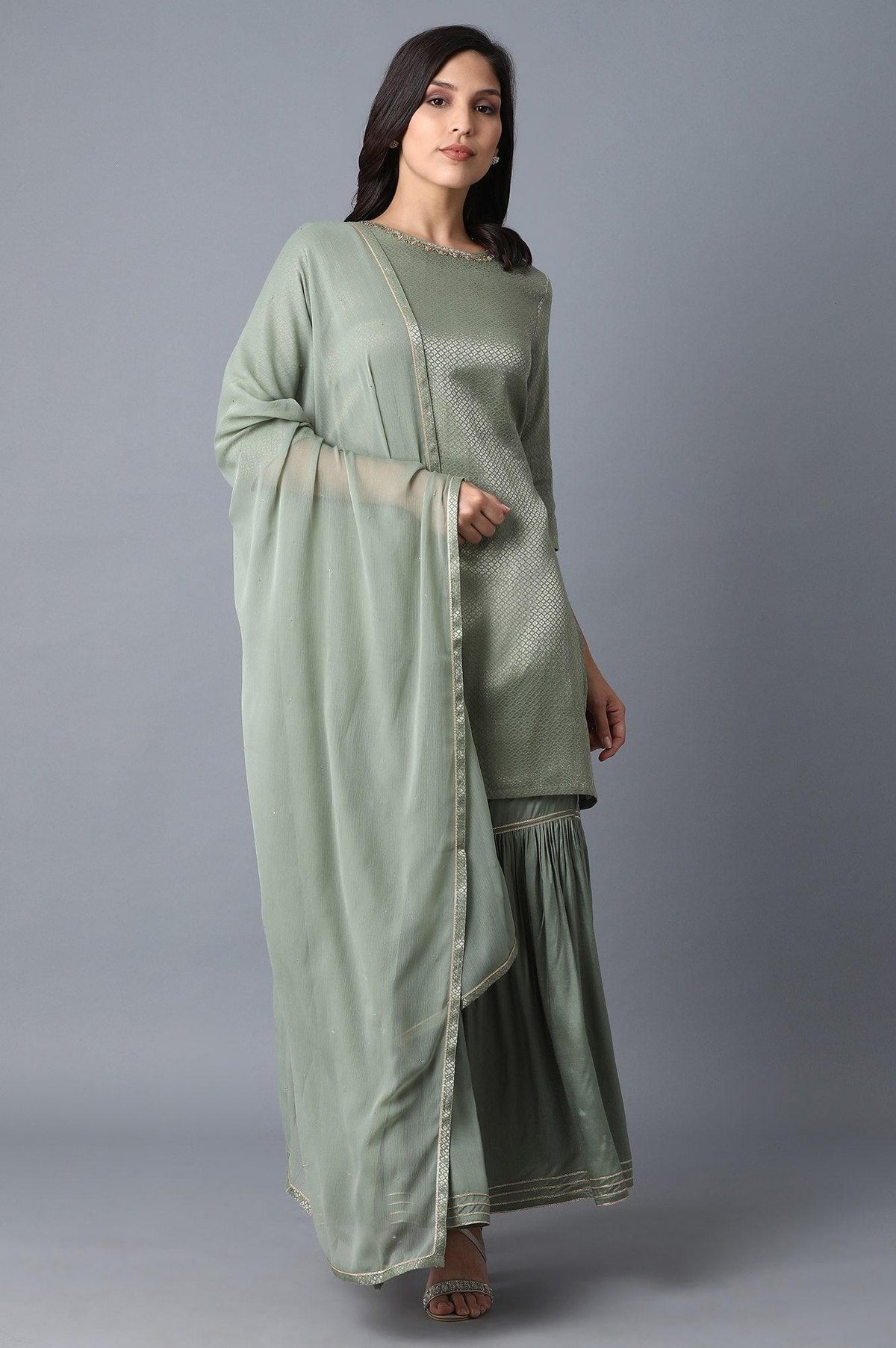 W for Woman Signature Green kurta-Sharara-Dupatta Set | Grocsy