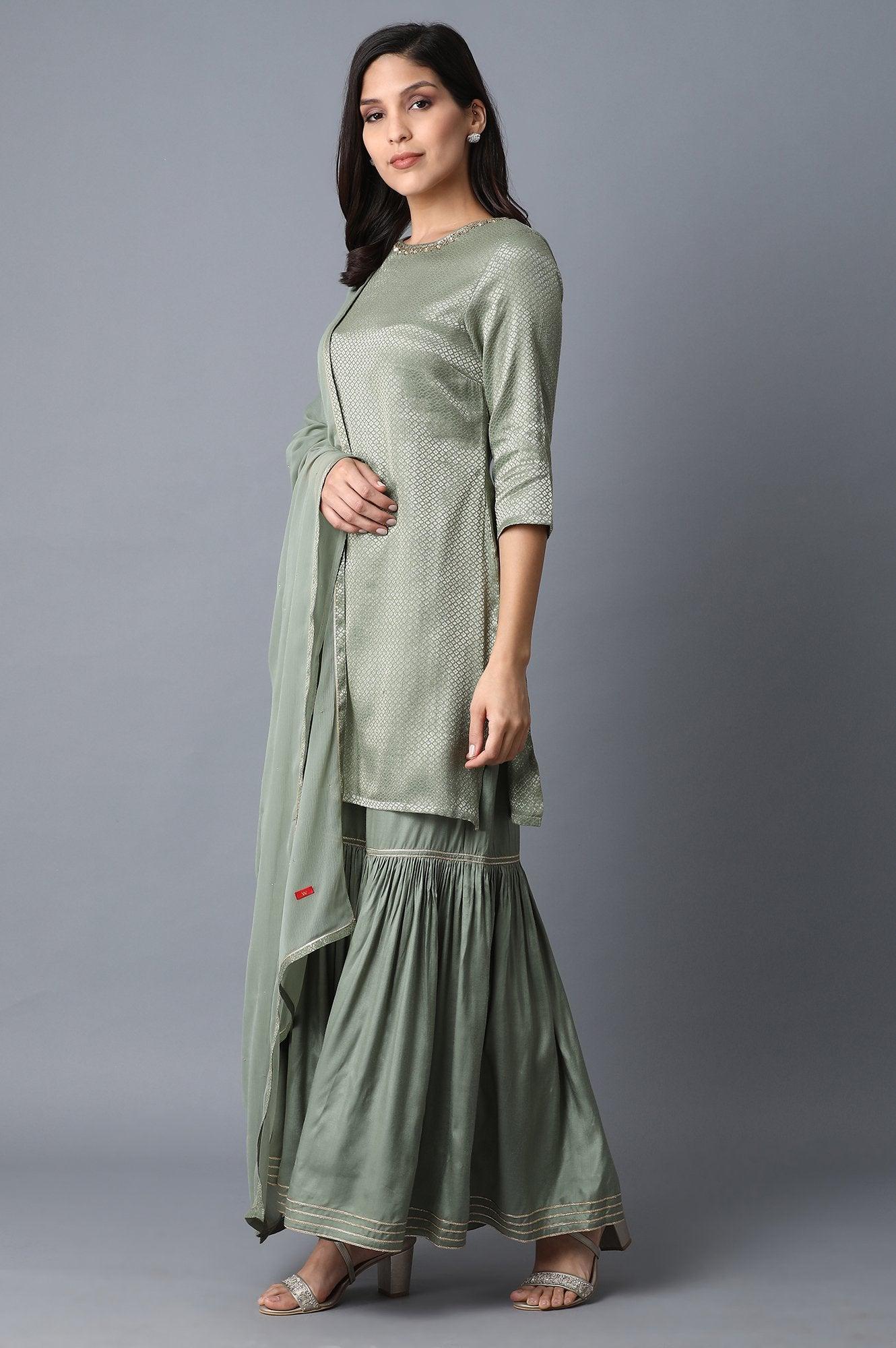 W for Woman Signature Green kurta-Sharara-Dupatta Set | Grocsy