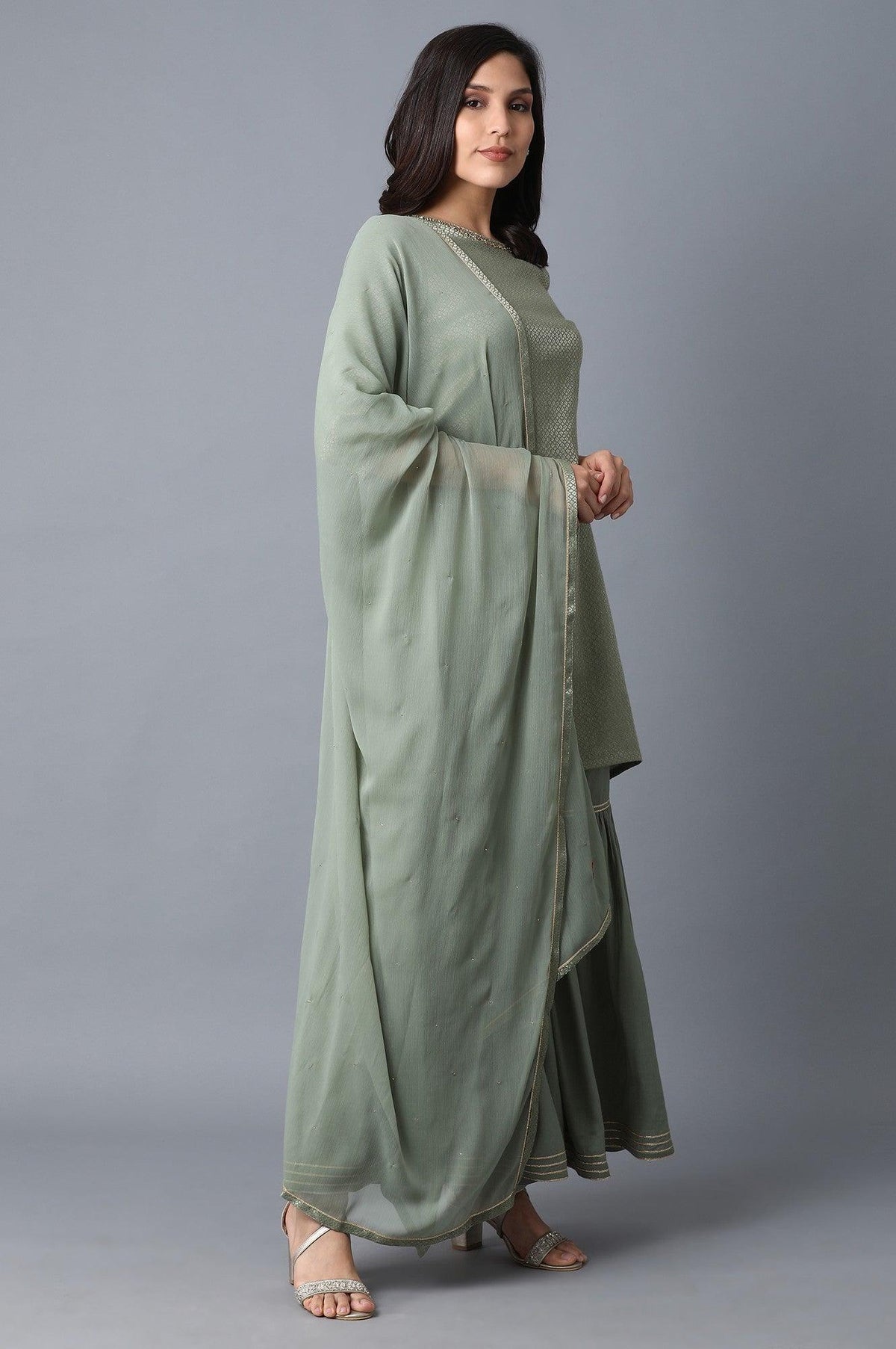 W for Woman Signature Green kurta-Sharara-Dupatta Set | Grocsy
