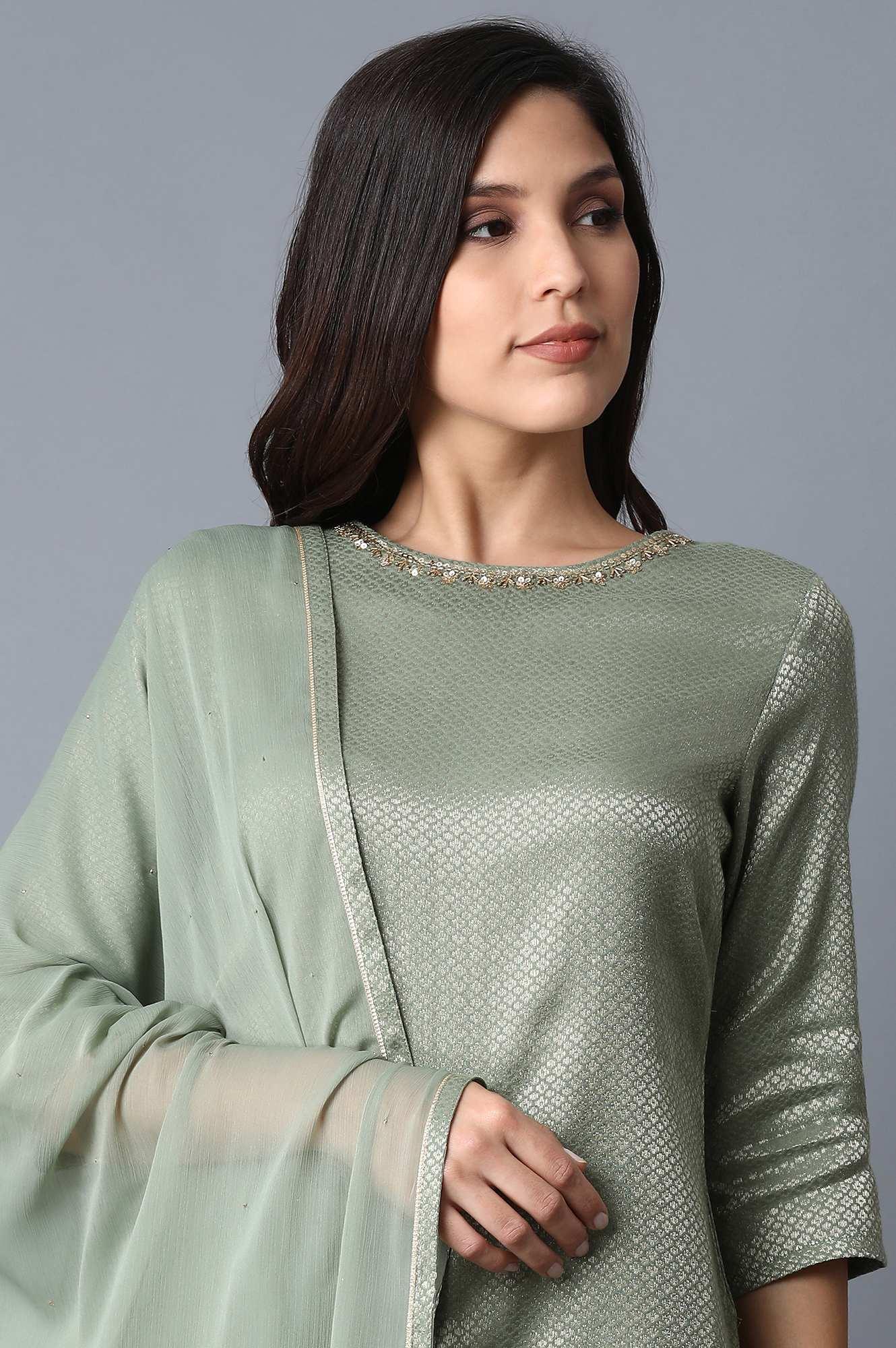 W for Woman Signature Green kurta-Sharara-Dupatta Set | Grocsy