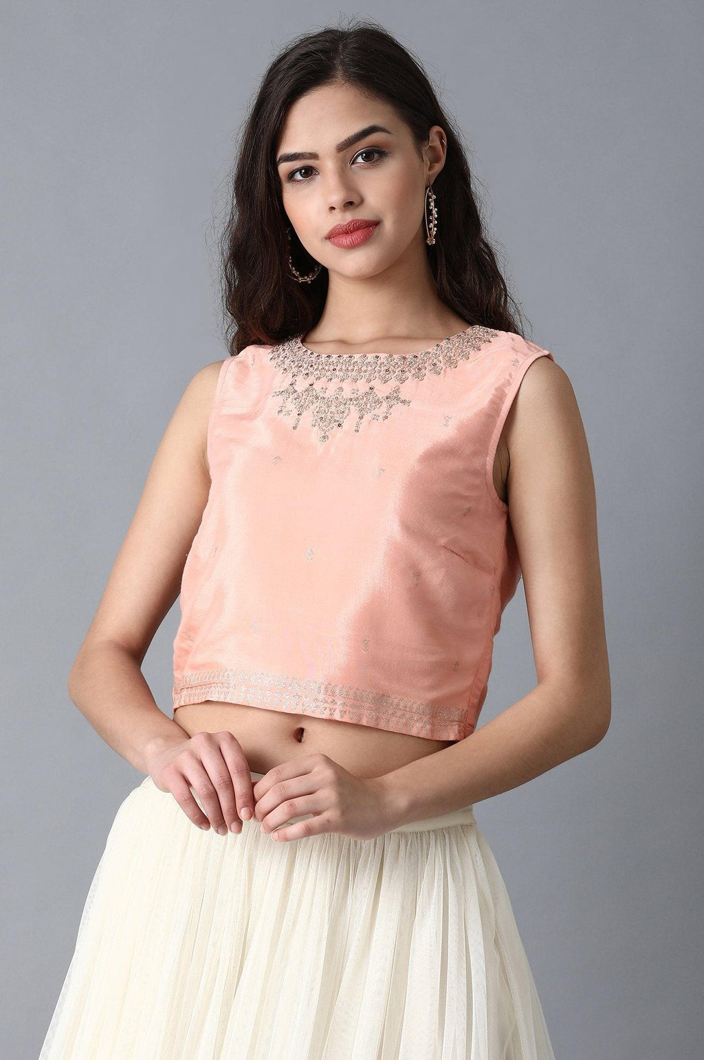 W for Woman Peach Round Neck Crop Top | Grocsy