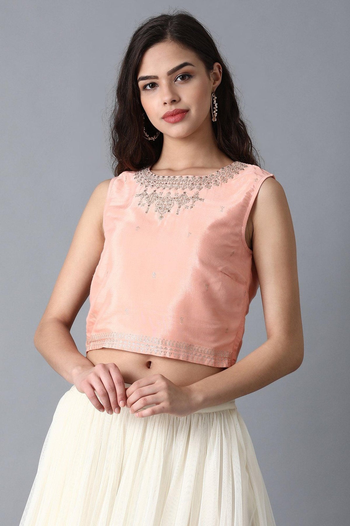 W for Woman Peach Round Neck Crop Top | Grocsy