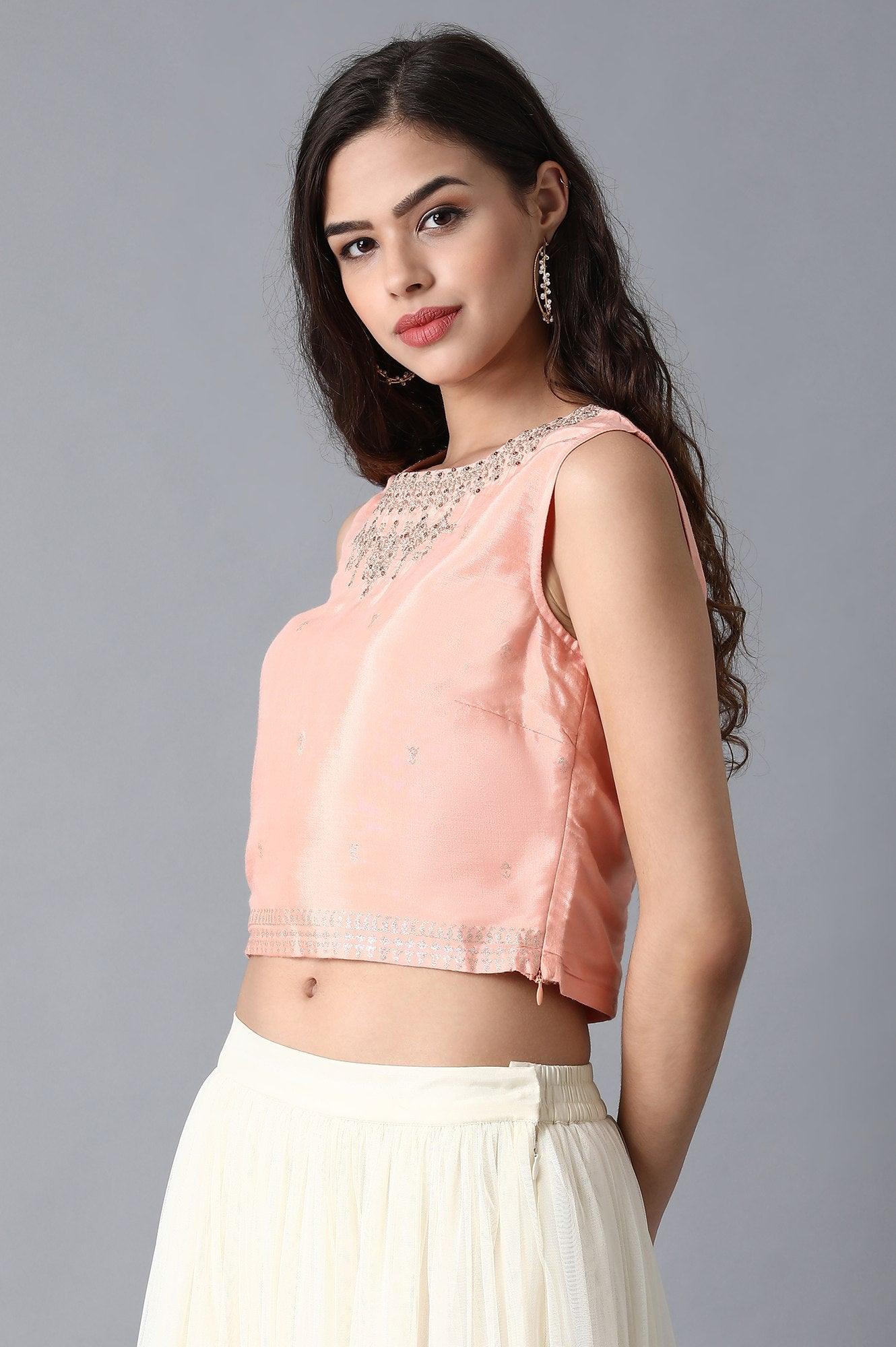 W for Woman Peach Round Neck Crop Top | Grocsy