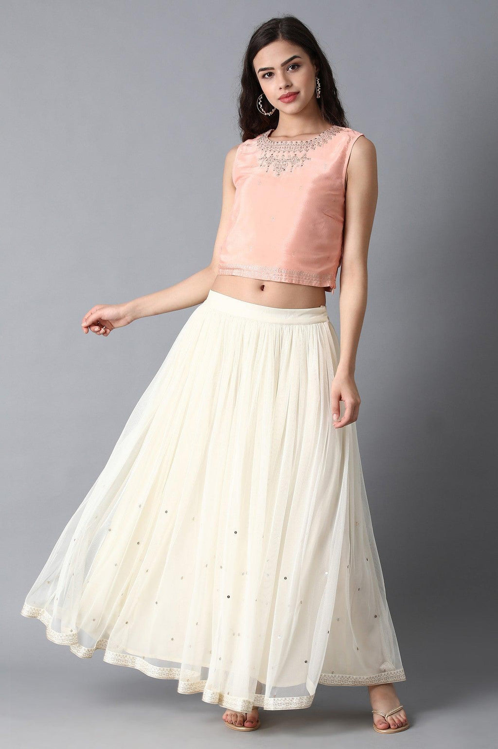 W for Woman Peach Round Neck Crop Top | Grocsy