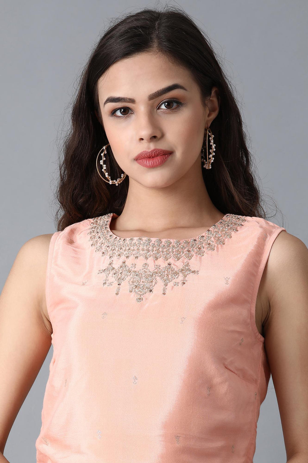 W for Woman Peach Round Neck Crop Top | Grocsy