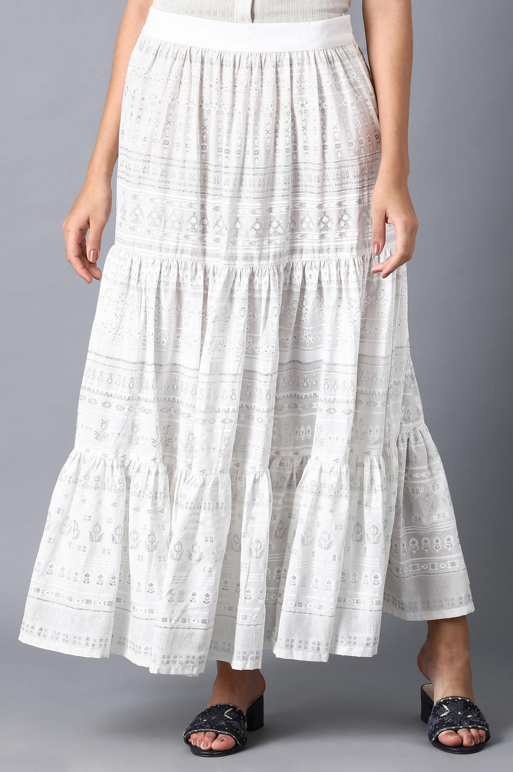 W for Woman Ecru Glitter Printed Tiered Skirt | Grocsy